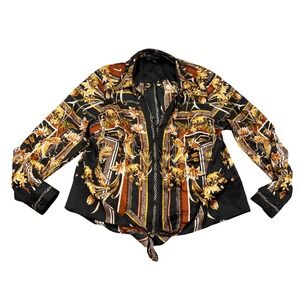 INC International Concepts Womens 0X Black Gold Scarf Print Tie Front Blouse Top